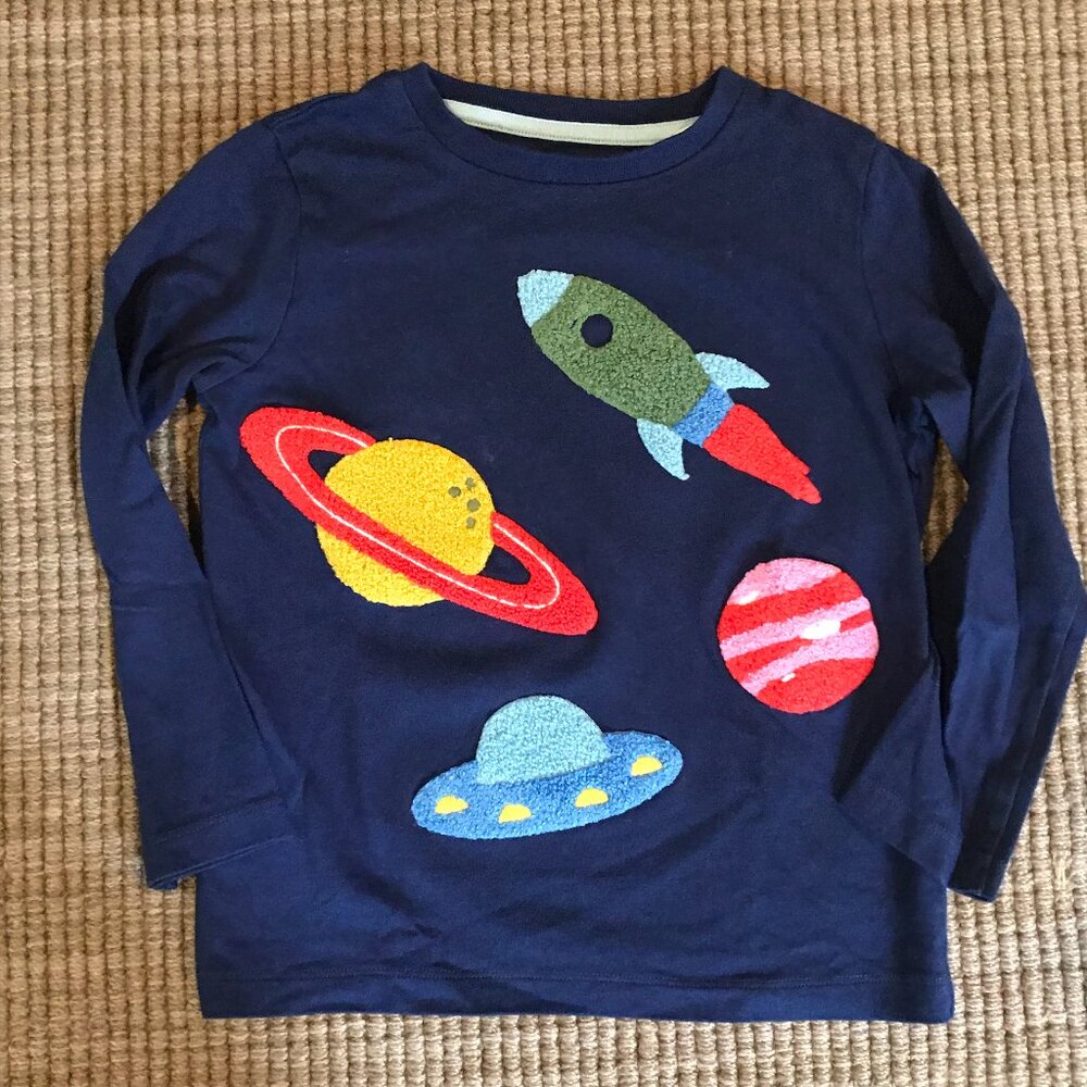 Mini Boden Kids Appliqué Long Sleeve Cotton Shirt with Space Theme 4-5T